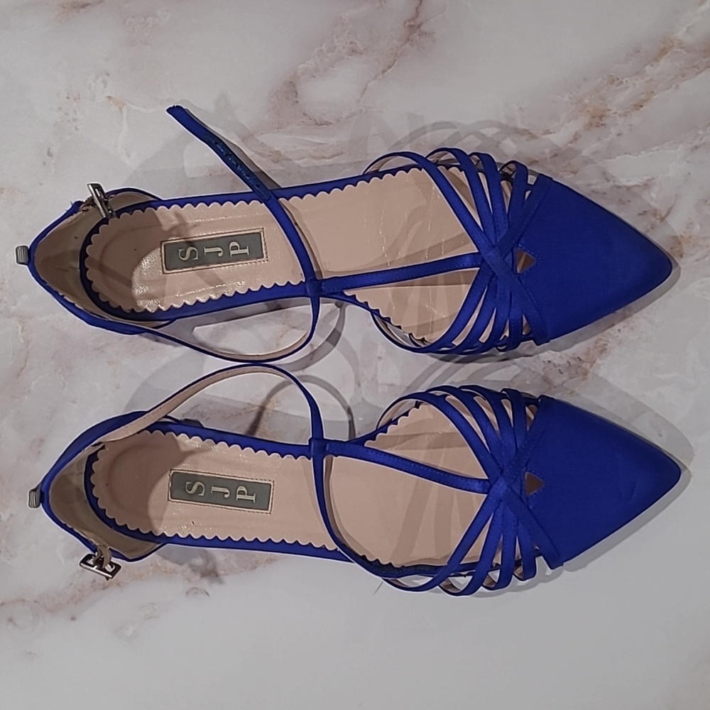 Sarah Jessica Parker Carrie Blue Satin strappy flat Size 371/2